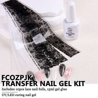 Fcozpjk Nail Foil Glue 15ML + 10PCS Black White Lace Foil Sheets – Strong Adhesion UV Cure Soak Off for Salon & Home DIY