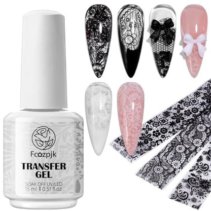 Fcozpjk Nail Foil Glue 15ML + 10PCS Black White Lace Foil Sheets – Strong Adhesion UV Cure Soak Off for Salon & Home DIY