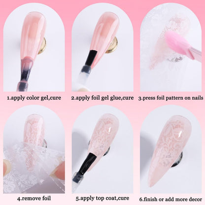 Fcozpjk Nail Foil Glue 15ML + 10PCS Black White Lace Foil Sheets – Strong Adhesion UV Cure Soak Off for Salon & Home DIY