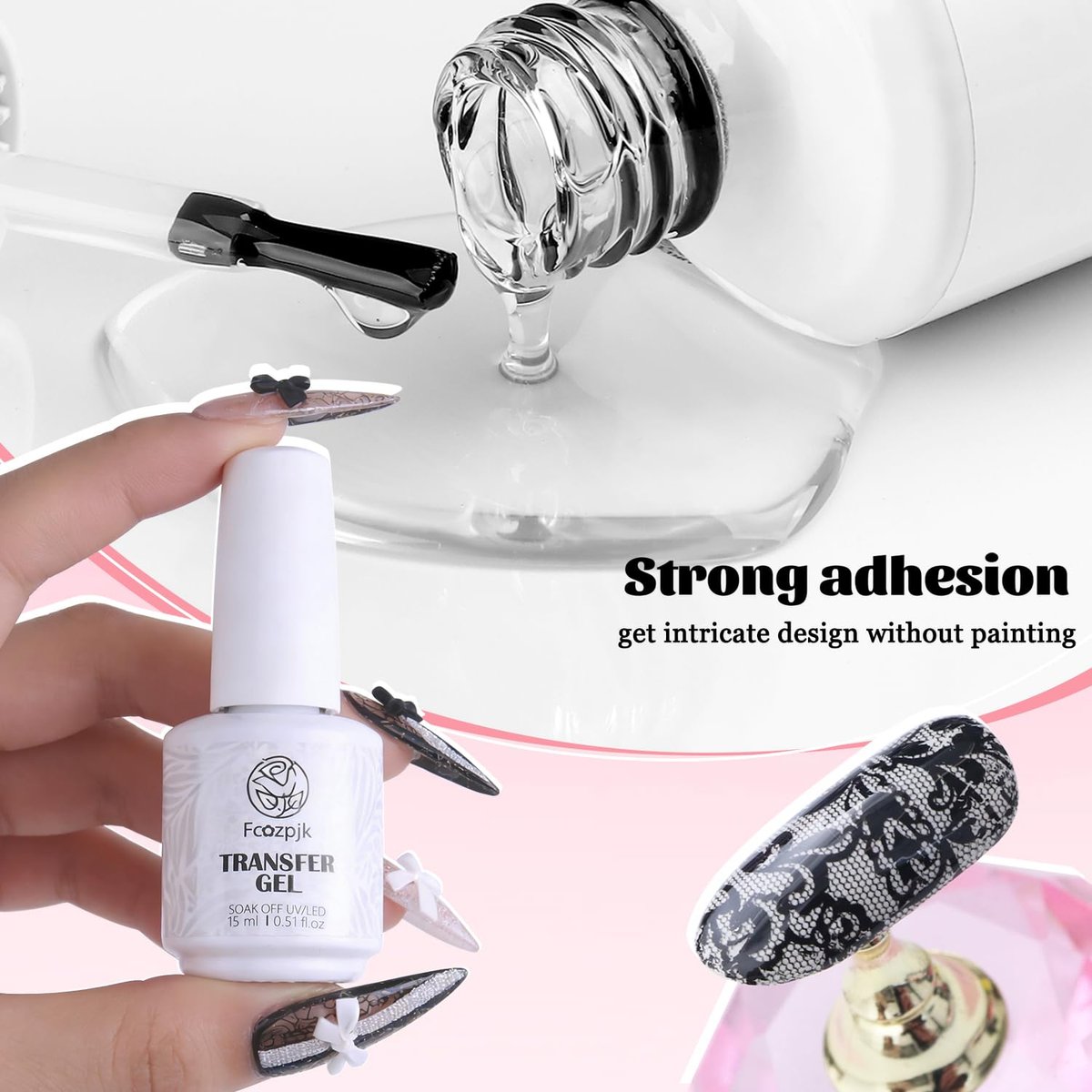 Fcozpjk Nail Foil Glue 15ML + 10PCS Black White Lace Foil Sheets – Strong Adhesion UV Cure Soak Off for Salon & Home DIY - görsel 11