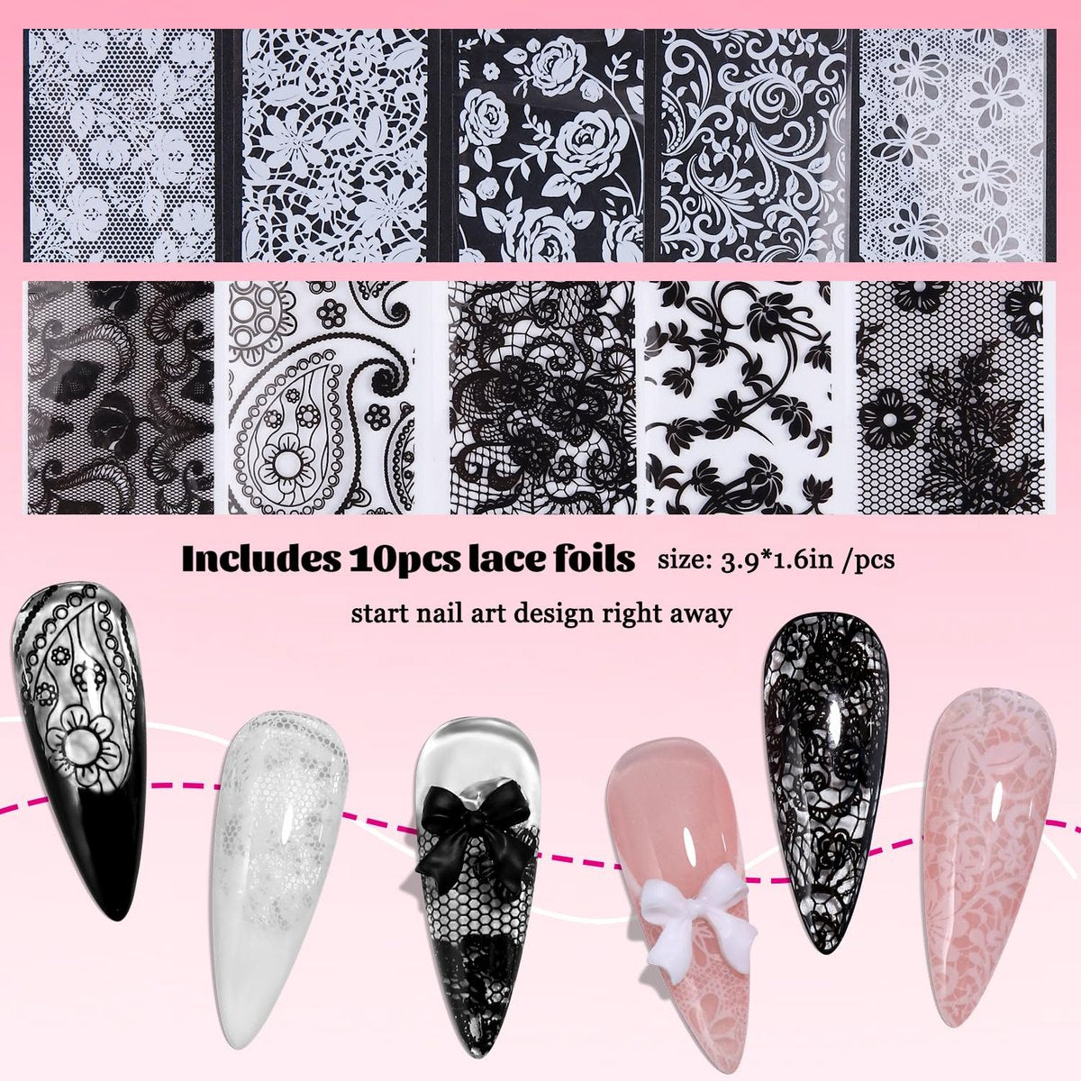 Fcozpjk Nail Foil Glue 15ML + 10PCS Black White Lace Foil Sheets – Strong Adhesion UV Cure Soak Off for Salon & Home DIY - görsel 13