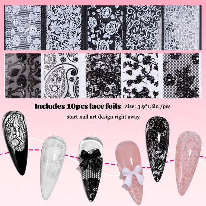 Fcozpjk Nail Foil Glue 15ML + 10PCS Black White Lace Foil Sheets – Strong Adhesion UV Cure Soak Off for Salon & Home DIY