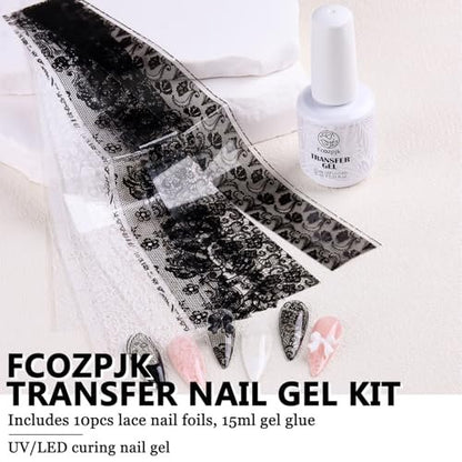 Fcozpjk Nail Foil Glue 15ML + 10PCS Black White Lace Foil Sheets – Strong Adhesion UV Cure Soak Off for Salon & Home DIY