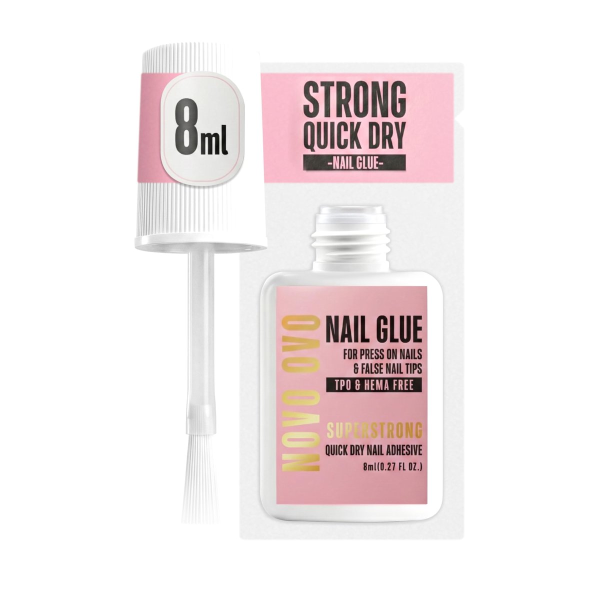 NOVO OVO Super Strong Nail Glue – 8ml Brush-On Adhesive for Press On Nails & False Tips, TPO & Hema Free, Quick Dry & Long Lasting - görsel 1