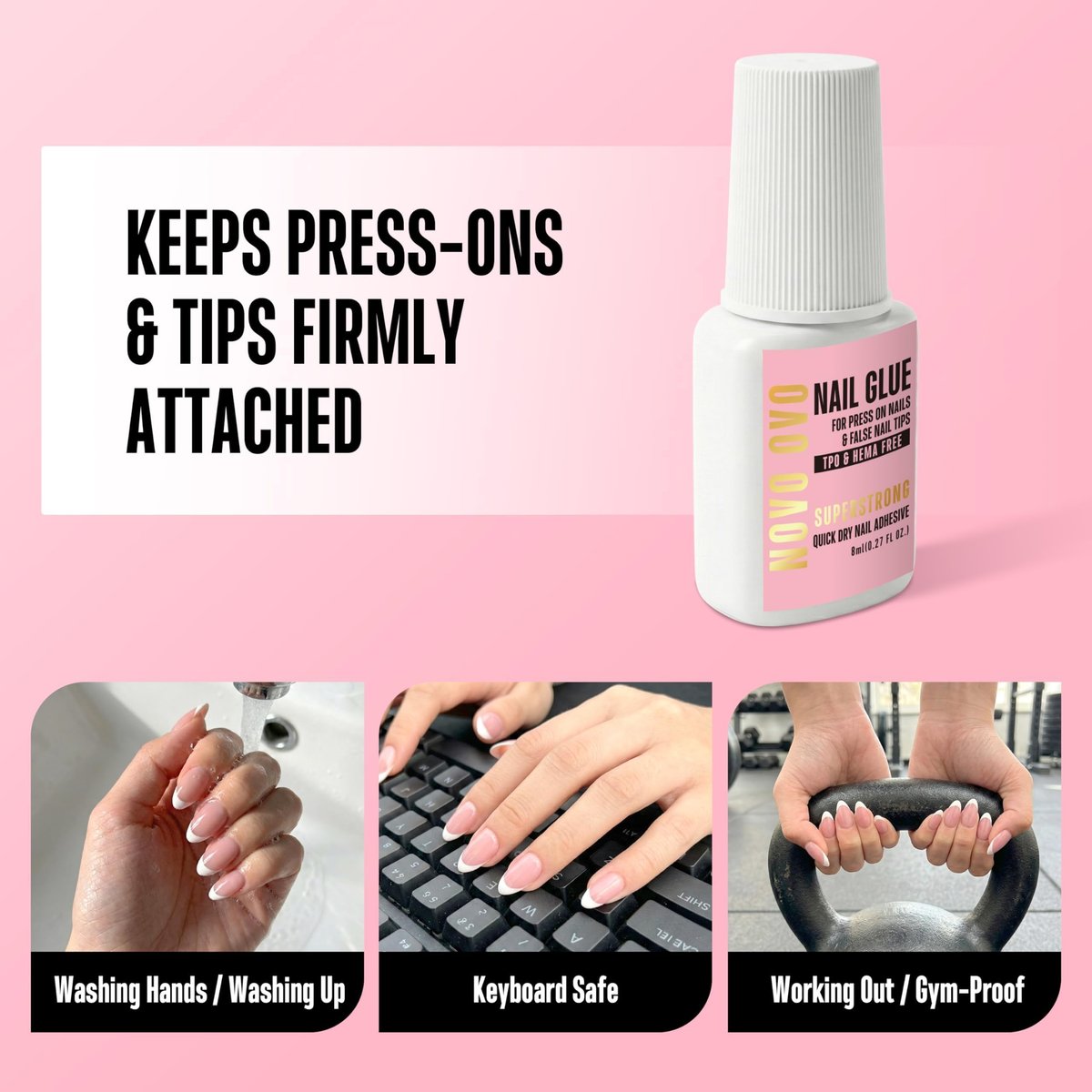 NOVO OVO Super Strong Nail Glue – 8ml Brush-On Adhesive for Press On Nails & False Tips, TPO & Hema Free, Quick Dry & Long Lasting - görsel 7