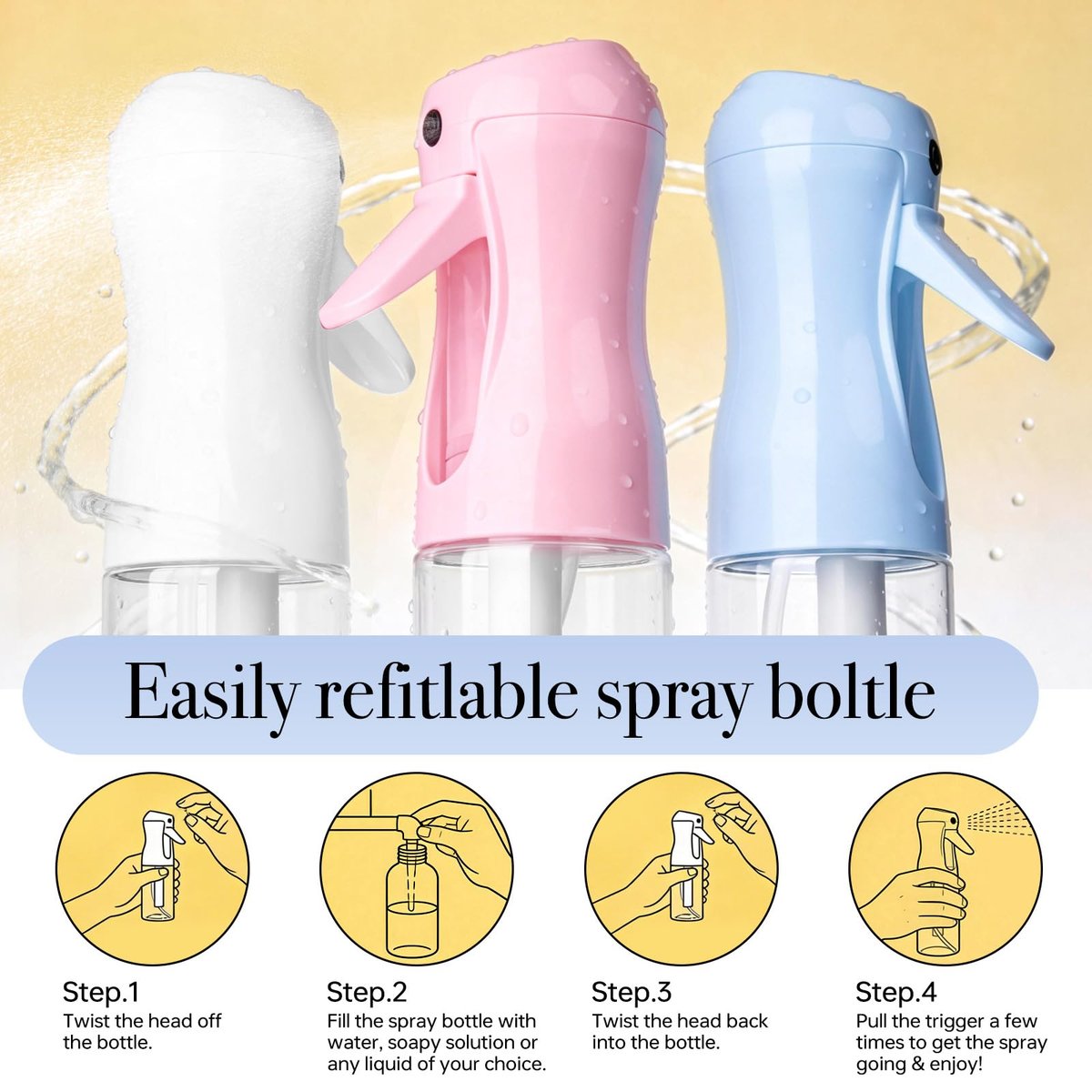 RMNJPW 3-Pack Continuous Spray Bottles for Hair, Plants, Cleaning & Skincare - Ultra Fine Mist 200ml (Blue, Pink, Clear) - görsel 9