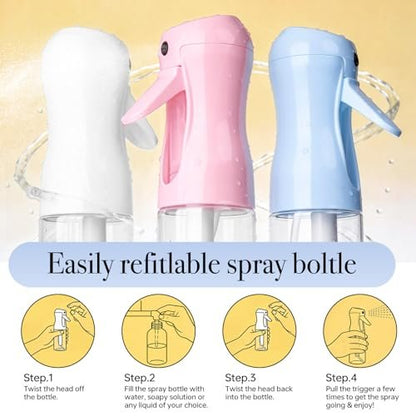RMNJPW 3-Pack Continuous Spray Bottles for Hair, Plants, Cleaning & Skincare - Ultra Fine Mist 200ml (Blue, Pink, Clear)