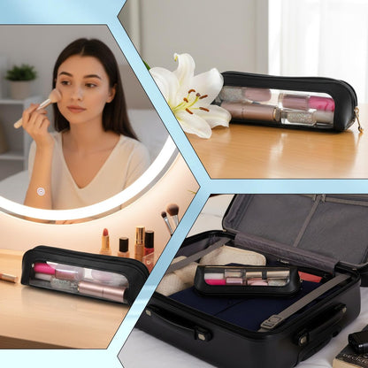Josojoou 2PCS Clear Makeup Bag Set - Portable Small PU Leather Waterproof Cosmetic Bag with Zipper, Transparent Travel Makeup Brush Case (Apricot & Black)