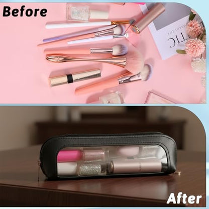 Josojoou 2PCS Clear Makeup Bag Set - Portable Small PU Leather Waterproof Cosmetic Bag with Zipper, Transparent Travel Makeup Brush Case (Apricot & Black)