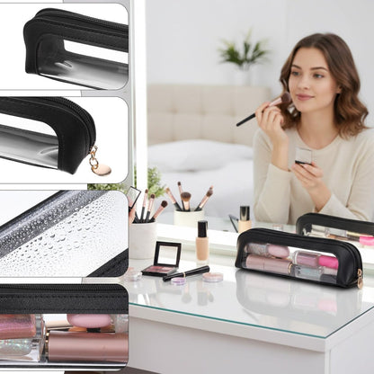 Josojoou 2PCS Clear Makeup Bag Set - Portable Small PU Leather Waterproof Cosmetic Bag with Zipper, Transparent Travel Makeup Brush Case (Apricot & Black)
