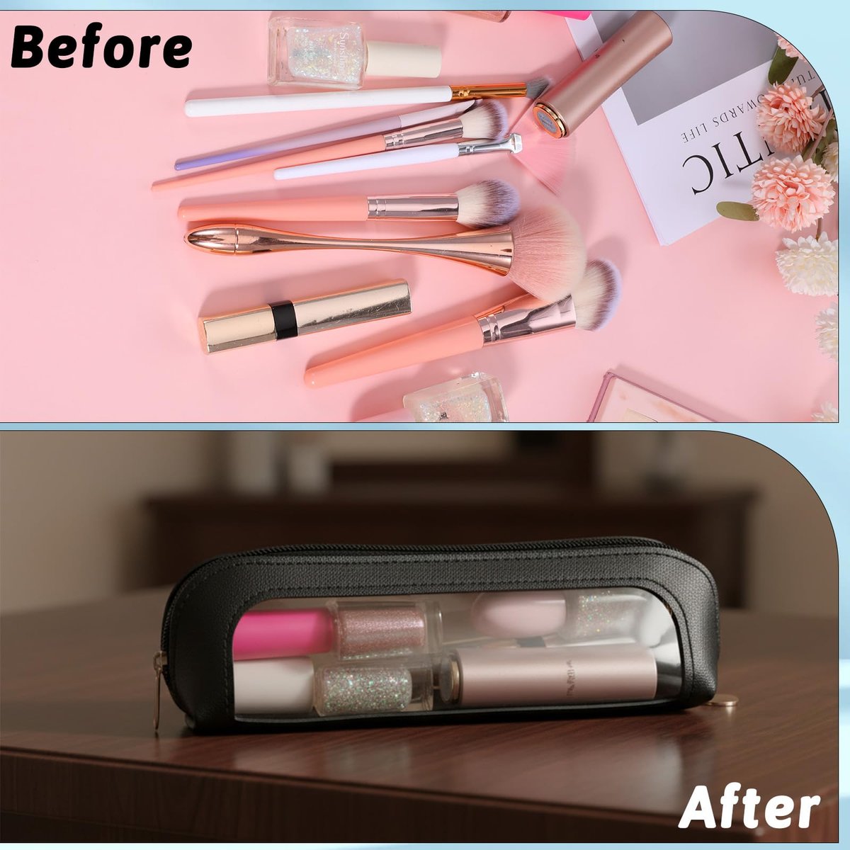 Josojoou 2PCS Clear Makeup Bag Set - Portable Small PU Leather Waterproof Cosmetic Bag with Zipper, Transparent Travel Makeup Brush Case (Apricot & Black) - görsel 5