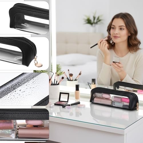Josojoou 2PCS Clear Makeup Bag Set - Portable Small PU Leather Waterproof Cosmetic Bag with Zipper, Transparent Travel Makeup Brush Case (Apricot & Black) - görsel 14