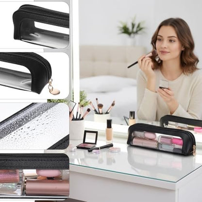 Josojoou 2PCS Clear Makeup Bag Set - Portable Small PU Leather Waterproof Cosmetic Bag with Zipper, Transparent Travel Makeup Brush Case (Apricot & Black)
