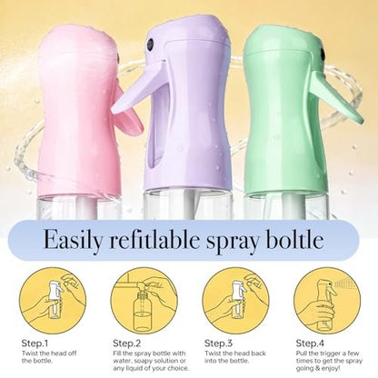 RMNJPW 3-Pack Continuous Spray Bottles for Hair Styling, Plants, Cleaning, and Misting - 200ml (Green, Pink, Purple)