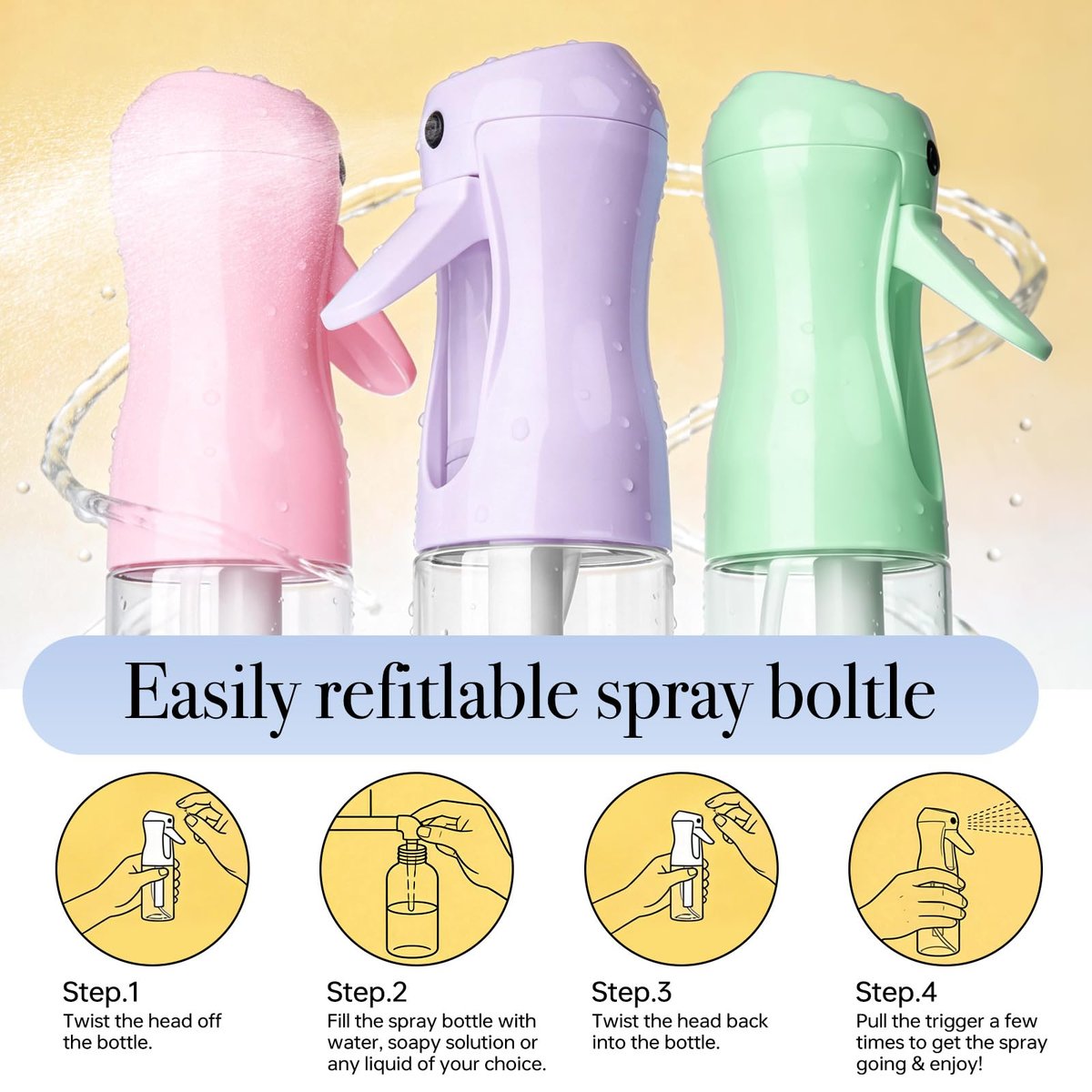 RMNJPW 3-Pack Continuous Spray Bottles for Hair Styling, Plants, Cleaning, and Misting - 200ml (Green, Pink, Purple) - görsel 9