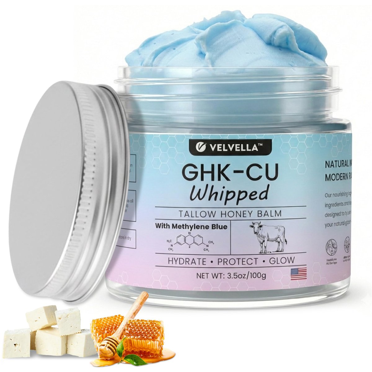 Copper Peptide Cream 1.25% GHK-Cu Peptide Beef Tallow: Grass-Fed Blue Balm for Skin – Face and Body Moisturizer with Methylene Blue, Manuka Honey & Vitamin E – Natural Skincare for Dry Skin – 3.5 oz Avelisse
