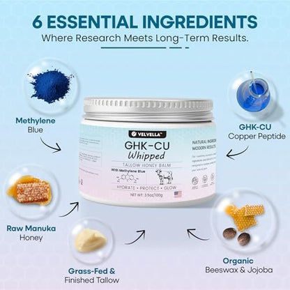Copper Peptide Cream 1.25% GHK-Cu Peptide Beef Tallow: Grass-Fed Blue Balm for Skin – Face and Body Moisturizer with Methylene Blue, Manuka Honey & Vitamin E – Natural Skincare for Dry Skin – 3.5 oz Avelisse
