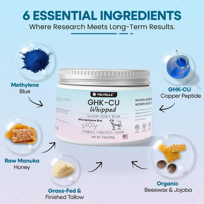 Copper Peptide Cream 1.25% GHK-Cu Peptide Beef Tallow: Grass-Fed Blue Balm for Skin – Face and Body Moisturizer with Methylene Blue, Manuka Honey & Vitamin E – Natural Skincare for Dry Skin – 3.5 oz Avelisse
