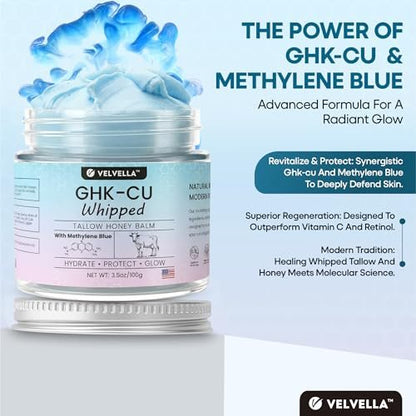 Copper Peptide Cream 1.25% GHK-Cu Peptide Beef Tallow: Grass-Fed Blue Balm for Skin – Face and Body Moisturizer with Methylene Blue, Manuka Honey & Vitamin E – Natural Skincare for Dry Skin – 3.5 oz Avelisse