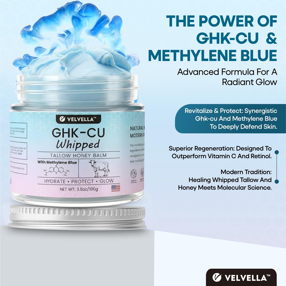Copper Peptide Cream 1.25% GHK-Cu Peptide Beef Tallow: Grass-Fed Blue Balm for Skin – Face and Body Moisturizer with Methylene Blue, Manuka Honey & Vitamin E – Natural Skincare for Dry Skin – 3.5 oz Avelisse