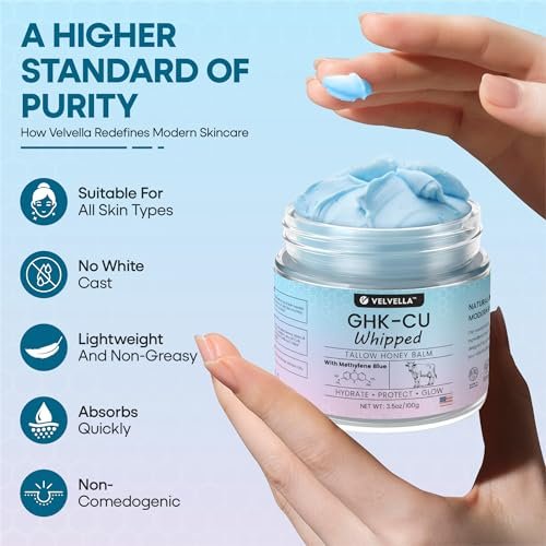 Copper Peptide Cream 1.25% GHK-Cu Peptide Beef Tallow: Grass-Fed Blue Balm for Skin – Face and Body Moisturizer with Methylene Blue, Manuka Honey & Vitamin E – Natural Skincare for Dry Skin – 3.5 oz Avelisse
