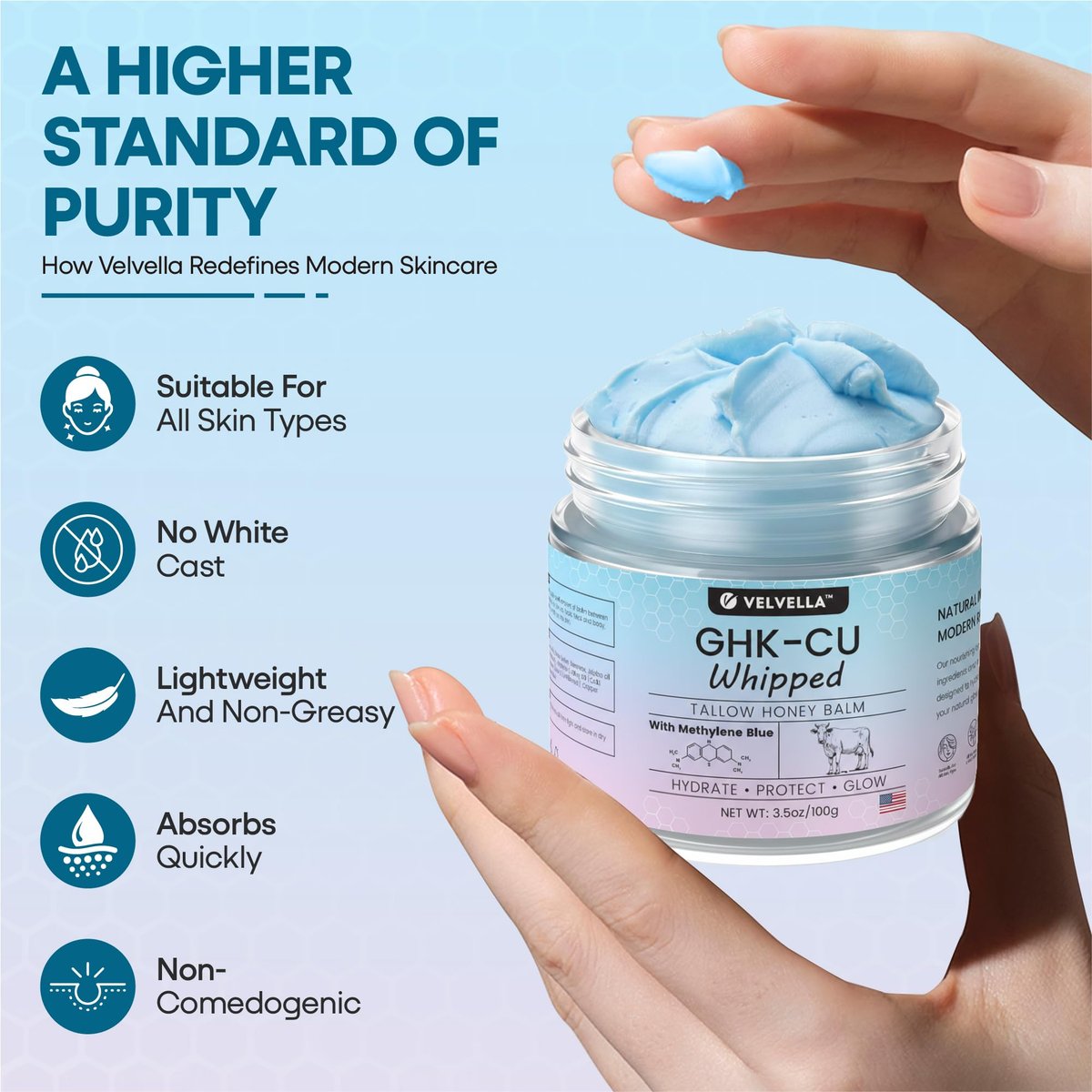 Copper Peptide Cream 1.25% GHK-Cu Peptide Beef Tallow: Grass-Fed Blue Balm for Skin – Face and Body Moisturizer with Methylene Blue, Manuka Honey & Vitamin E – Natural Skincare for Dry Skin – 3.5 oz Avelisse