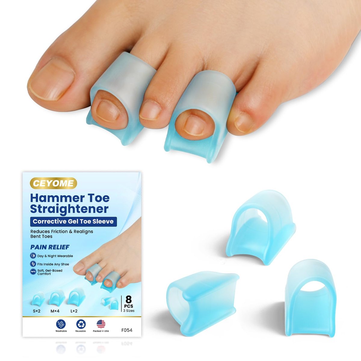 CEYOME Hammer Toe Straightener for Women & Men - 8 Pcs Gel Hammer Toe Corrector & Toe Splints for Curled, Crooked & Claw Toes - Soft Toe Straighteners Support in 3 Sizes (S/M/L, Blue) Avelisse