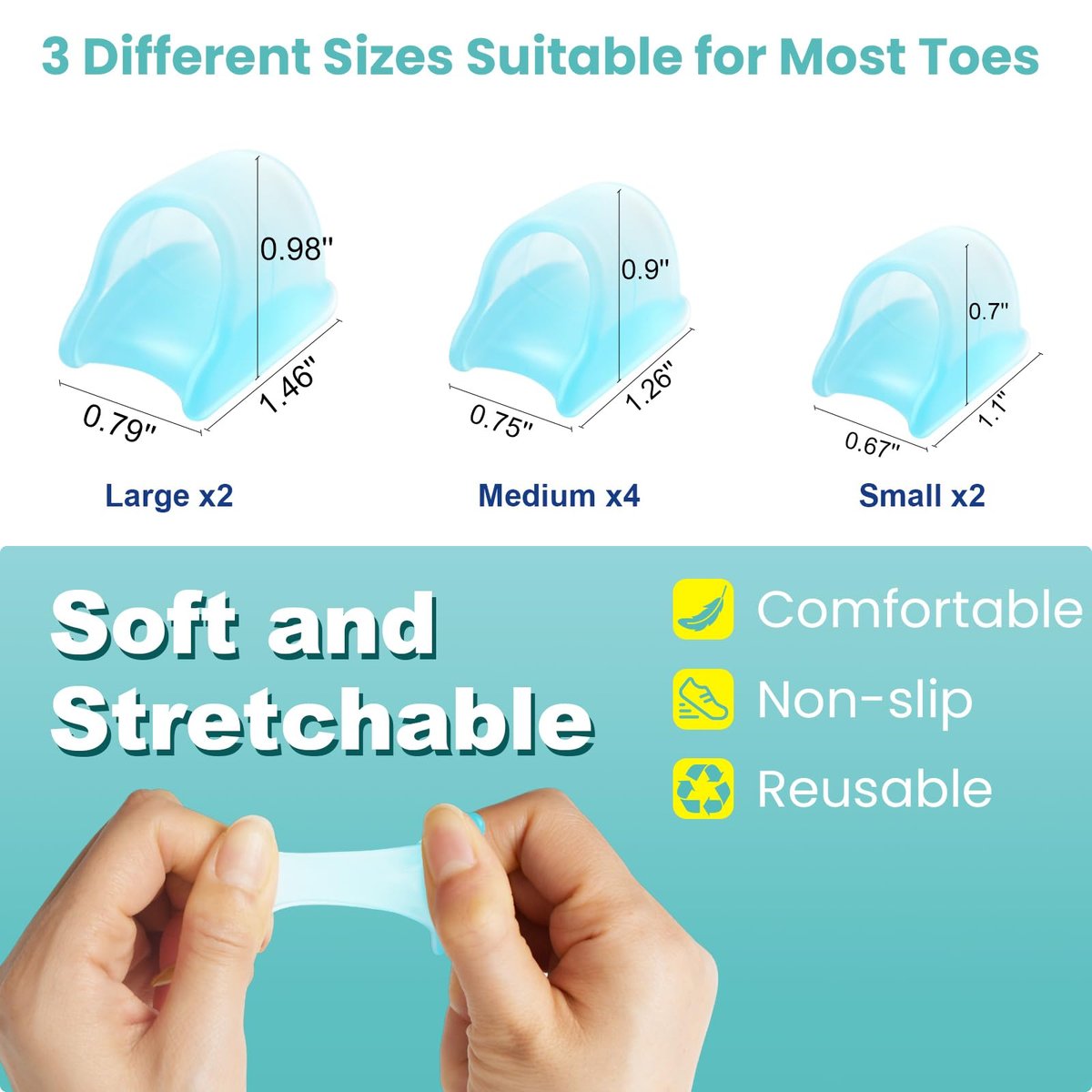 CEYOME Hammer Toe Straightener for Women & Men - 8 Pcs Gel Hammer Toe Corrector & Toe Splints for Curled, Crooked & Claw Toes - Soft Toe Straighteners Support in 3 Sizes (S/M/L, Blue) Avelisse