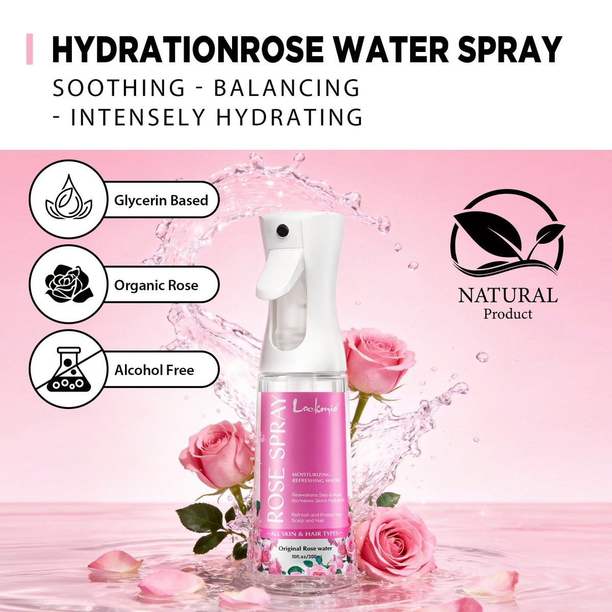 lockmio Rose Water Spray for Face & Hair - 10 Fl Oz Hydrating Face Mist for All Skin Types - Refreshing Rose Toner for Face, Skin & Hair Care, Alcohol-Free & Gentle Formula - görsel 8