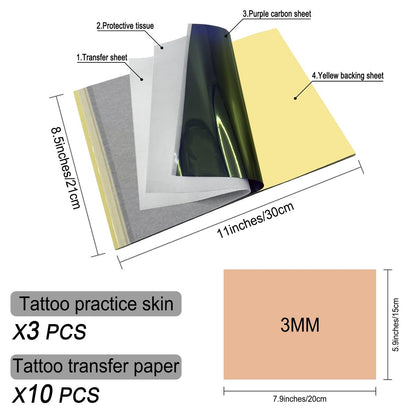 VryaSang Premium 3MM Double-Sided Tattoo Practice Skin Kit, 13PCS - 3 Thick Blank Fake Skins & 10 Stencil Transfer Papers for Beginners & Pro Artists Tattoo Supplies