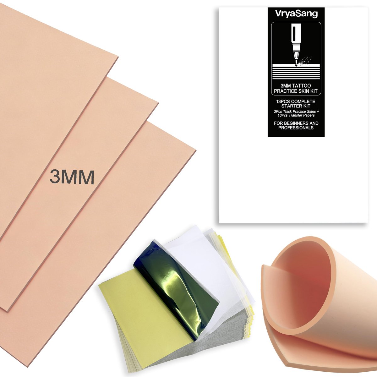 VryaSang Premium 3MM Double-Sided Tattoo Practice Skin Kit, 13PCS - 3 Thick Blank Fake Skins & 10 Stencil Transfer Papers for Beginners & Pro Artists Tattoo Supplies - görsel 1
