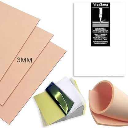VryaSang Premium 3MM Double-Sided Tattoo Practice Skin Kit, 13PCS - 3 Thick Blank Fake Skins & 10 Stencil Transfer Papers for Beginners & Pro Artists Tattoo Supplies
