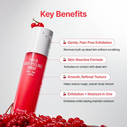 PARNELL AHA Omija Ceramic Body Peeling Spray – AHA BHA PHA Exfoliant for Keratosis Pilaris, Strawberry Legs, Dark Spots & Dead Skin – Chemical Exfoliant for Rough Skin, 4.60 fl.oz Avelisse