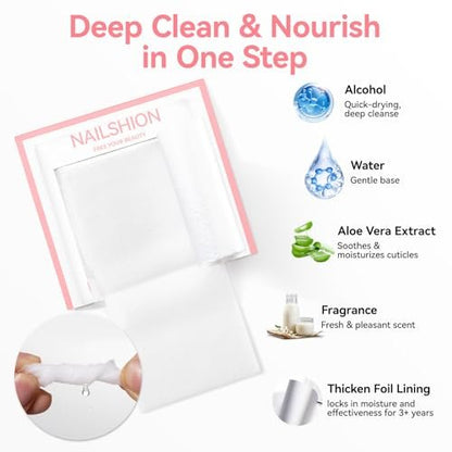 Nailshion Nail Prep Cleanser Pads - 200 Individually Wrapped Alcohol Pads for Nails, Lint-Free Shine Wipes for Gel Polish & Builder Gel, Manicure & Pedicure Prep