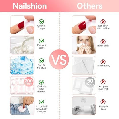 Nailshion Nail Prep Cleanser Pads - 200 Individually Wrapped Alcohol Pads for Nails, Lint-Free Shine Wipes for Gel Polish & Builder Gel, Manicure & Pedicure Prep