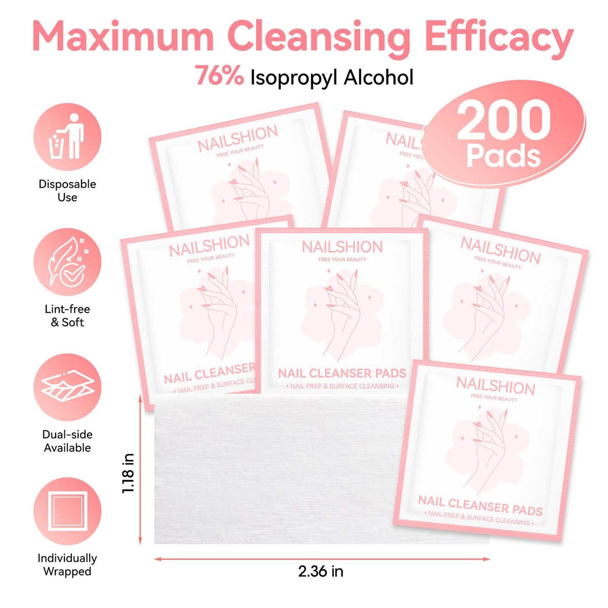 Nailshion Nail Prep Cleanser Pads - 200 Individually Wrapped Alcohol Pads for Nails, Lint-Free Shine Wipes for Gel Polish & Builder Gel, Manicure & Pedicure Prep - görsel 3