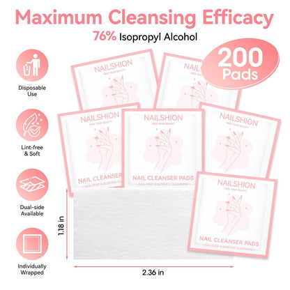 Nailshion Nail Prep Cleanser Pads - 200 Individually Wrapped Alcohol Pads for Nails, Lint-Free Shine Wipes for Gel Polish & Builder Gel, Manicure & Pedicure Prep