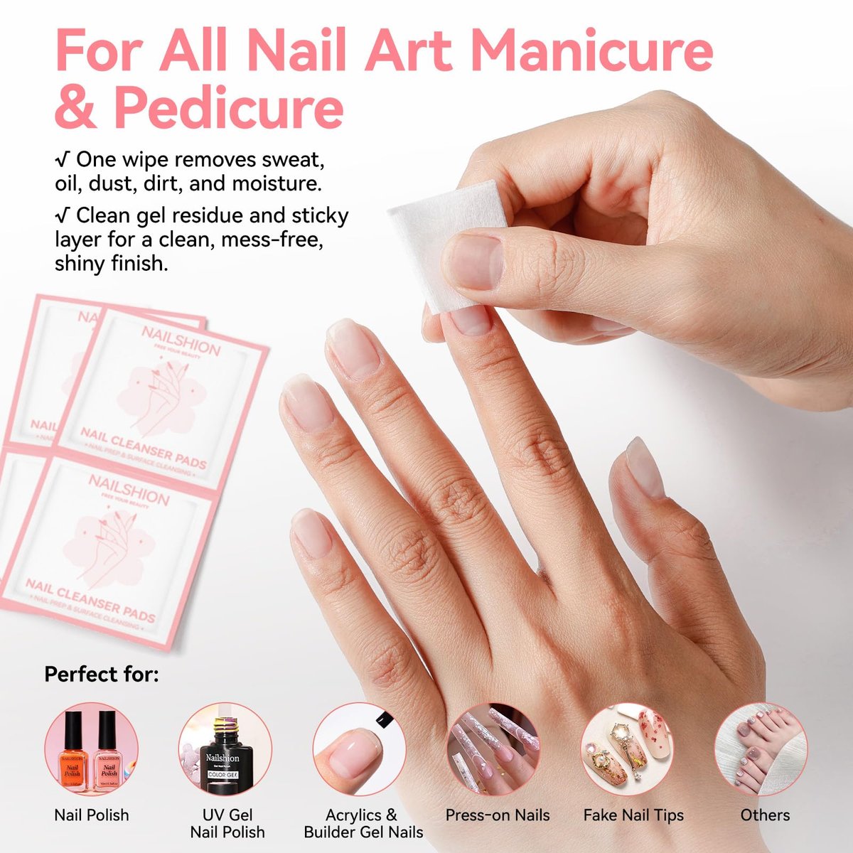 Nailshion Nail Prep Cleanser Pads - 200 Individually Wrapped Alcohol Pads for Nails, Lint-Free Shine Wipes for Gel Polish & Builder Gel, Manicure & Pedicure Prep - görsel 7