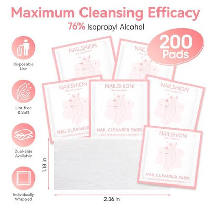 Nailshion Nail Prep Cleanser Pads - 200 Individually Wrapped Alcohol Pads for Nails, Lint-Free Shine Wipes for Gel Polish & Builder Gel, Manicure & Pedicure Prep