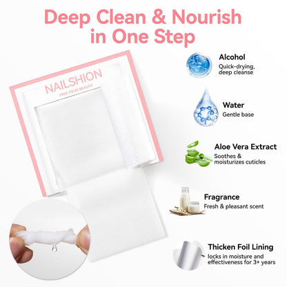 Nailshion Nail Prep Cleanser Pads - 200 Individually Wrapped Alcohol Pads for Nails, Lint-Free Shine Wipes for Gel Polish & Builder Gel, Manicure & Pedicure Prep