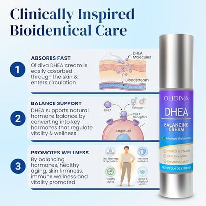 Olidiva DHEA Cream – Bioidentical Natural DHEA for Women, Advanced Topical Supplement for Energy, Libido, Mood & Youthful Skin, 100g / 3.4 oz (3 Month Supply) Avelisse