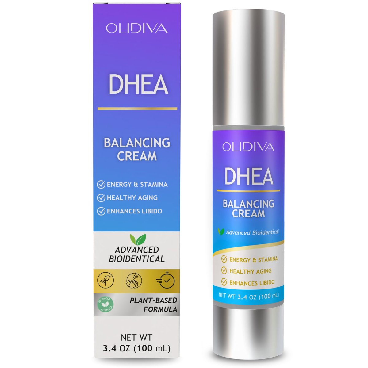 Olidiva DHEA Cream – Bioidentical Natural DHEA for Women, Advanced Topical Supplement for Energy, Libido, Mood & Youthful Skin, 100g / 3.4 oz (3 Month Supply) Avelisse