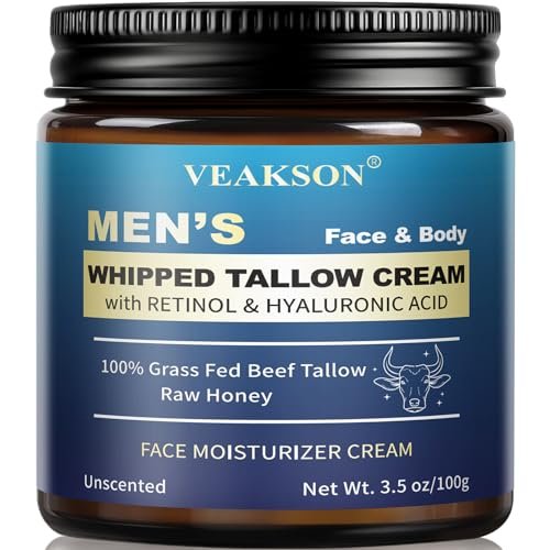Men's Beef Tallow Moisturizer - Organic Whipped Grass Fed Tallow & Honey Balm with Retinol & Hyaluronic Acid, Anti-Aging Face Cream, Reduces Wrinkles, Unscented, 3.5 oz Avelisse