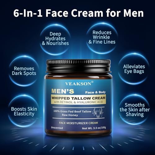 Men's Beef Tallow Moisturizer - Organic Whipped Grass Fed Tallow & Honey Balm with Retinol & Hyaluronic Acid, Anti-Aging Face Cream, Reduces Wrinkles, Unscented, 3.5 oz Avelisse