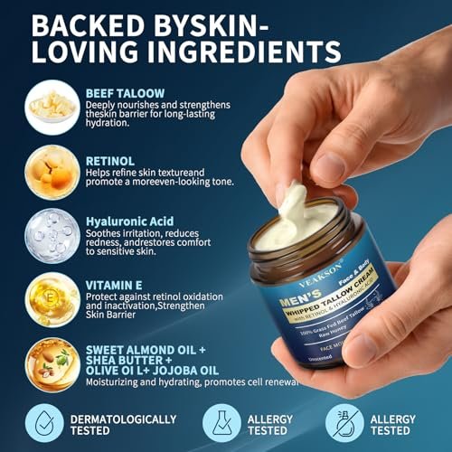 Men's Beef Tallow Moisturizer - Organic Whipped Grass Fed Tallow & Honey Balm with Retinol & Hyaluronic Acid, Anti-Aging Face Cream, Reduces Wrinkles, Unscented, 3.5 oz Avelisse