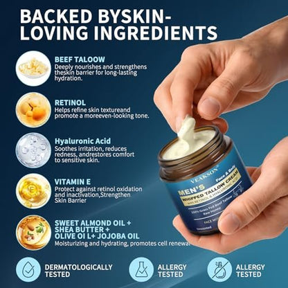 Men's Beef Tallow Moisturizer - Organic Whipped Grass Fed Tallow & Honey Balm with Retinol & Hyaluronic Acid, Anti-Aging Face Cream, Reduces Wrinkles, Unscented, 3.5 oz Avelisse