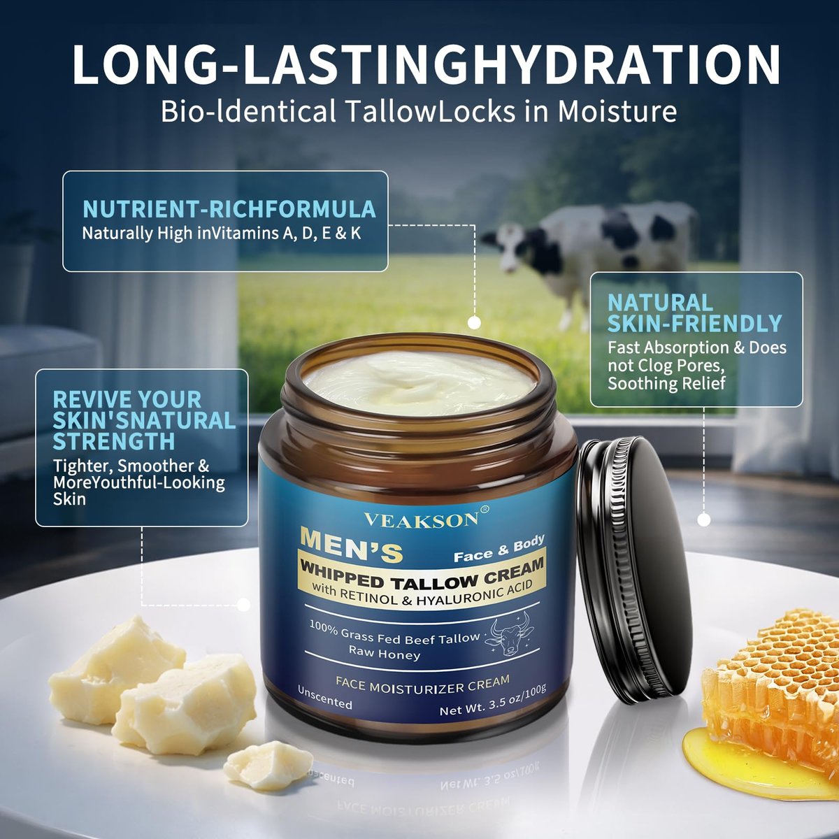 Men's Beef Tallow Moisturizer - Organic Whipped Grass Fed Tallow & Honey Balm with Retinol & Hyaluronic Acid, Anti-Aging Face Cream, Reduces Wrinkles, Unscented, 3.5 oz Avelisse