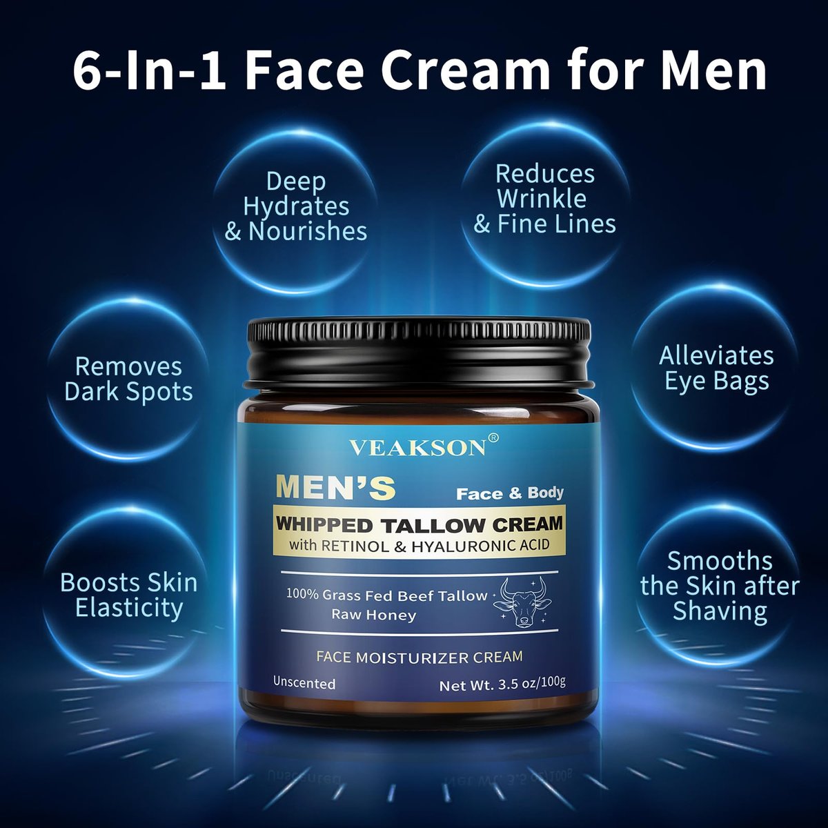 Men's Beef Tallow Moisturizer - Organic Whipped Grass Fed Tallow & Honey Balm with Retinol & Hyaluronic Acid, Anti-Aging Face Cream, Reduces Wrinkles, Unscented, 3.5 oz Avelisse