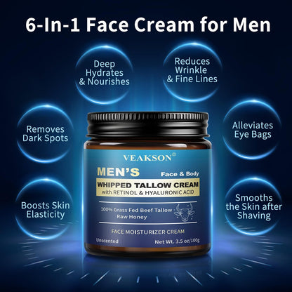 Men's Beef Tallow Moisturizer - Organic Whipped Grass Fed Tallow & Honey Balm with Retinol & Hyaluronic Acid, Anti-Aging Face Cream, Reduces Wrinkles, Unscented, 3.5 oz Avelisse