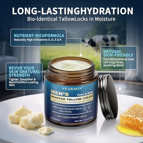 Men's Beef Tallow Moisturizer - Organic Whipped Grass Fed Tallow & Honey Balm with Retinol & Hyaluronic Acid, Anti-Aging Face Cream, Reduces Wrinkles, Unscented, 3.5 oz Avelisse